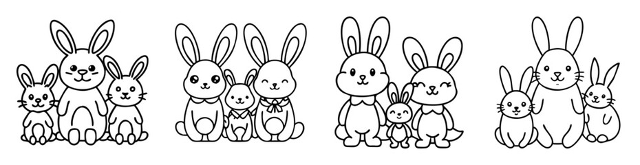 Cute and adorable bunny rabbit families in black and white outlines