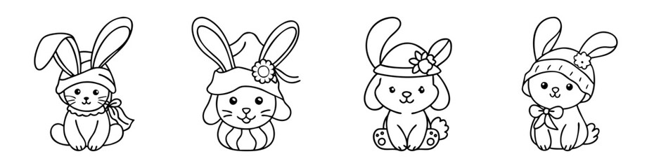 Obraz premium Group of cute and adorable cartoon bunnies wearing hats, black and white