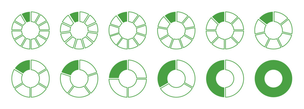 Wheel round green divided diagrams from one to twelve segments. Circle division on 1 to 12 equal parts. Coaching blank flat template. Set of green segments wheel round divide infographics.