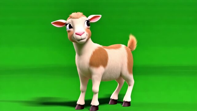 Animated goat character standing posing green screen background rendering for cartoon educational kids children animal farm video