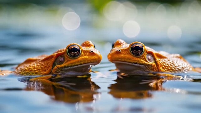 Frogs floating in water surface sunlight