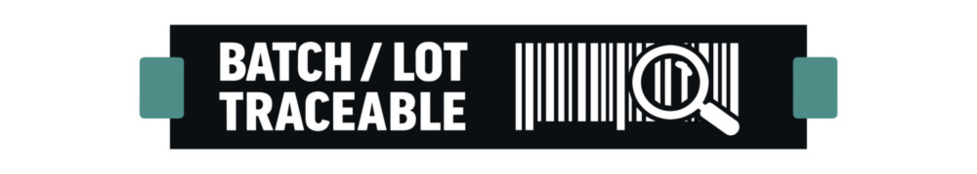 Flat vector label strip badge BATCH / LOT TRACEABLE simple white barcode with magnifier pictogram beside text small tabs