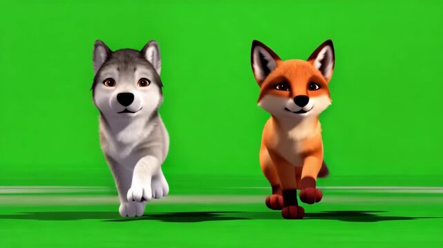 Animated wolf and fox running together on green screen background seamless loop for cartoons and educational content