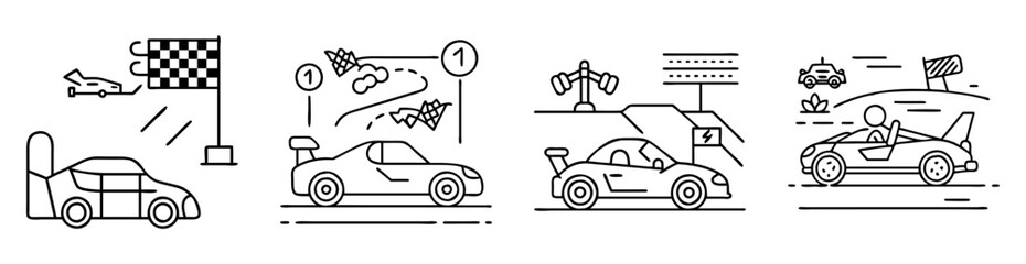 Obraz premium Line art drawing depicting different scenarios and types of car racing