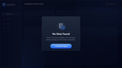 Dark mode dashboard user interface with no data found error message popup and create new report button on analytics overview screen