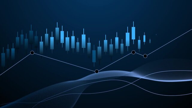 Stylized financial chart with candlesticks animation, connected line graph nodes and flowing wave overlays