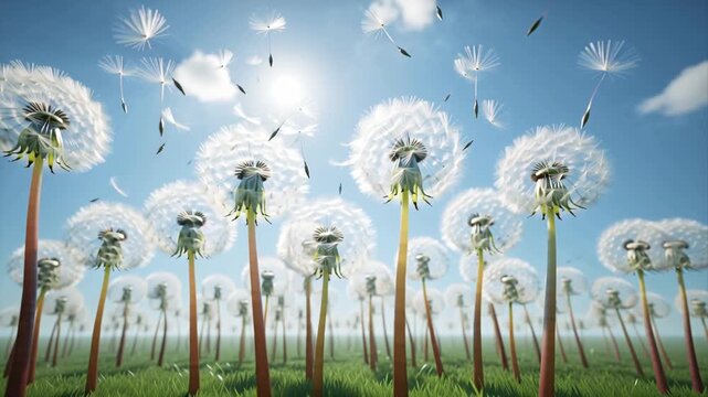 Stunning white heads of dandelion seeds against the sky