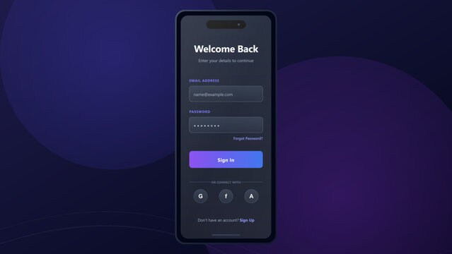 Modern dark mode mobile app login screen interface with sign in form and social media authentication buttons on smartphone display