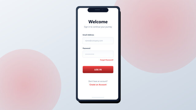 Smartphone login page user interface with welcome message and red sign in button on white background