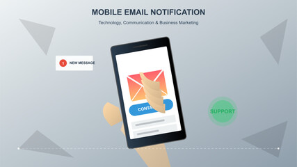 Hand holding smartphone with email notification icon and new message alert for business communication and marketing technology
