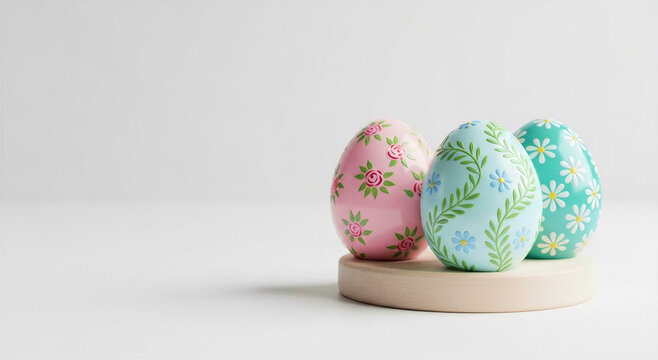 Decorative Easter eggs with floral patterns on wooden stand
