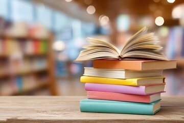 Fototapeta premium Stack of colorful books on wooden table