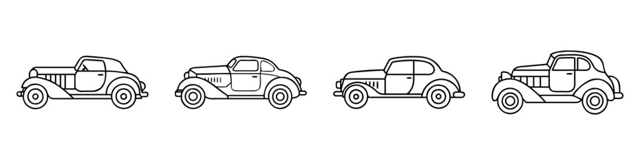 Line art illustration featuring a collection of vintage cars with unique designs