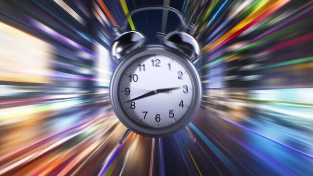 Alarm clock ringing Time Lapse. Vintage Silver Clock with Spinning Hands. Hyperlapse motion blur moving fast speed through street. 3D animation Running Time Passing Fast. Hurry Up Time Reminder.