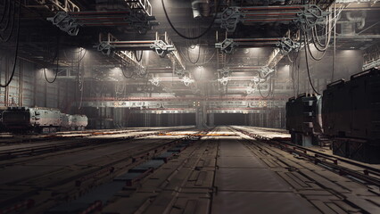 Vast spacecraft assembly bay with precision floor grids, overhead service arms, integrated cable channels, dramatic spotlights, metallic textures, feeling © icetray