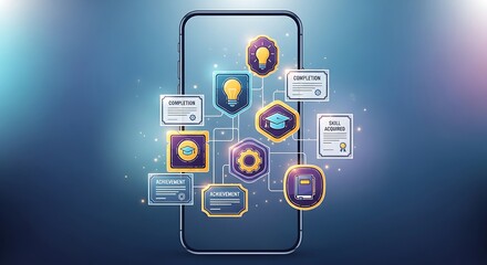 Naklejka premium Smartphone with various achievement and completion icons and certificates on the screen online learning and education concept