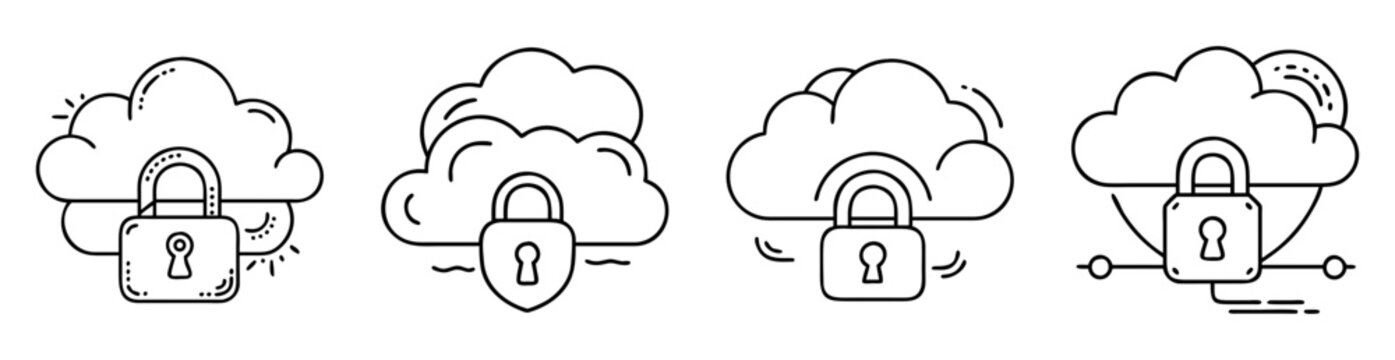 Simple line art collection of cloud computing security icons in black and white