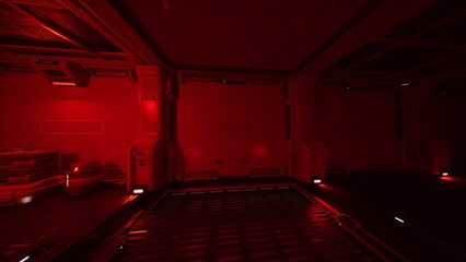 red lit futuristic cargo bay interior, empty industrial hangar with metal grating floor, deep red illumination, glowing neon accents, low haze, exposed piping © icetray