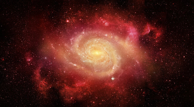 Bright spiral galaxy with a glowing core surrounded by stars, dust, and cosmic clouds in deep space. Abstract cosmic collage background. Elements of this image furnished by NASA.