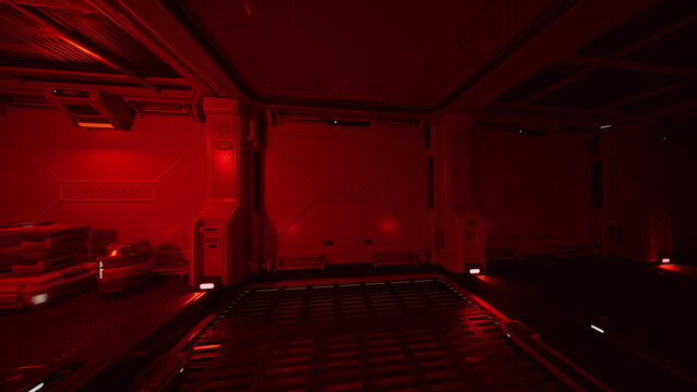 red lit futuristic cargo bay interior, empty industrial hangar with metal grating floor, deep red illumination, glowing neon accents, low haze, exposed piping