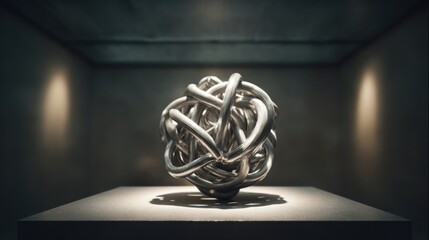 Intricate Abstract Metal Sculpture Formed by Intertwined Rods on Pedestal