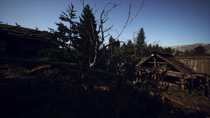 Fototapeta premium gnarled tree dominating abandoned village yard with broken fence and timber sheds, storyteller imagining past gatherings, late afternoon shadow play, textured