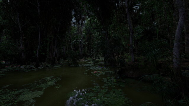 silvery lily pads floating on black water under moon with subtle reflections and scattered algae close framing emphasizes texture, petals and quiet nocturnal