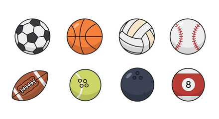 Fototapeta premium Flat vector sports balls icon set isolated on white background,