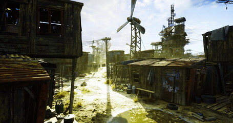 Fototapeta premium Sunlit post apocalyptic shantytown street at dawn, corrugated metal huts and makeshift windmill line muddy pathway strewn with scrap and puddles, golden