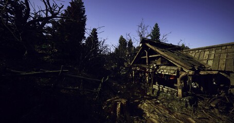 Fototapeta premium weathered porch with broken railing abandoned workbench covered in moss tools scattered overgrowth urban explorer cataloguing artifacts and textures for archive