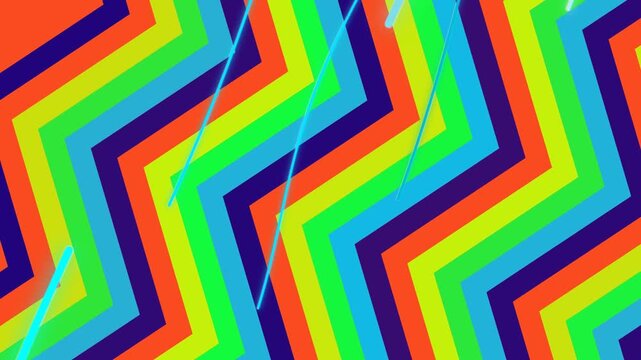 Vibrant Neon Zigzag Lines Overlay on Colorful Geometric Pattern Background