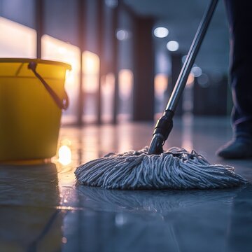 Cleaner mopping shiny office floor with bucket. AI generated image