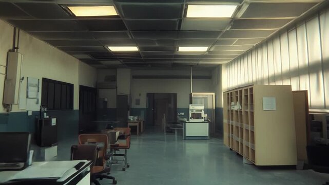 Empty retro office space featuring desks, chairs, and obsolete technology like old computers and monitors, evoking a sense of past innovation and digital history