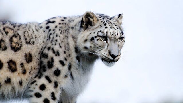 A majestic snow leopard gazing intently with intense eyes and spotted fur