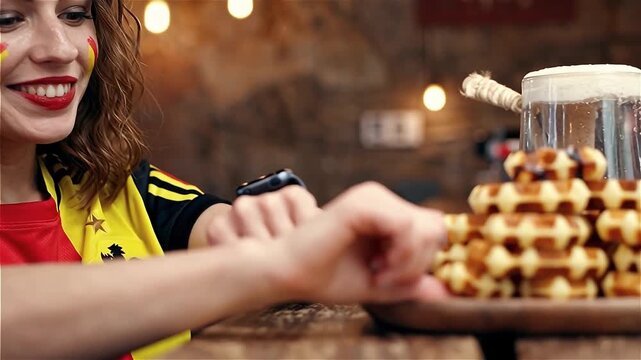 Young Caucasian woman Belgian football fan checking her smartwatch while enjoying waffles and beer in a bar during a sports match representing Belgian culture and modern lifestyle
