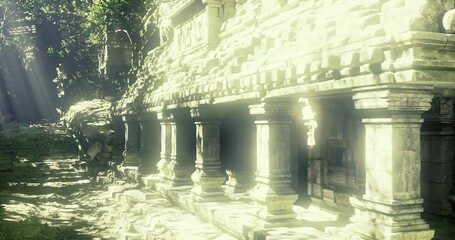 Detailed stone columns with bas reliefs and textured masonry, closeup architectural study highlighting craftsmanship and proportion, suited for restoration © icetray