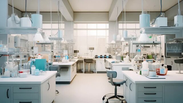 Bright, empty chemistry laboratory filled with diverse scientific equipment and workstations, ready for innovative medical research and clinical analysis