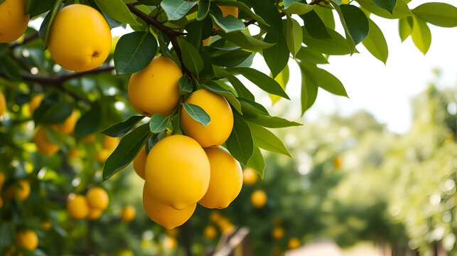 Lemons hanging from a tree in a grove zoomed in