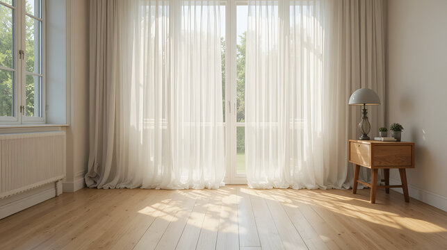 In a modern home, the sunlight streams through the white curtains, illuminating the wooden floor and creating a warm and inviting atmosphere light-filled room. The metal lamp on the wooden side table