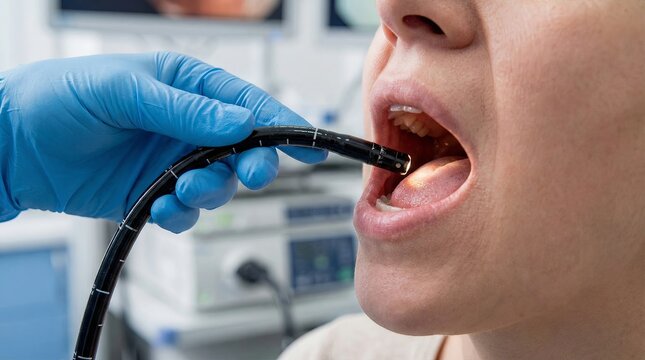 Flexible gastroscope inserted through mouth into esophagus with gloved hand in endoscopy suite