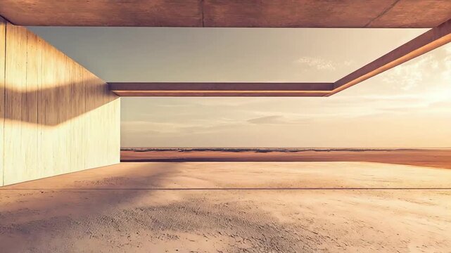 Concrete architecture with clean geometric lines framing a minimal open space, overlooking a vast empty desert and distant ocean at a serene sunset horizon