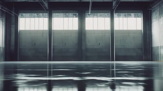 Spacious empty industrial interior with high ceilings, exposed structure and reflective concrete floor, large bay windows cast ambient light across a minimalist, cavernous space