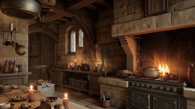 Cozy medieval kitchen interior with stone fireplace and wooden beams, warm rustic historic atmosphere