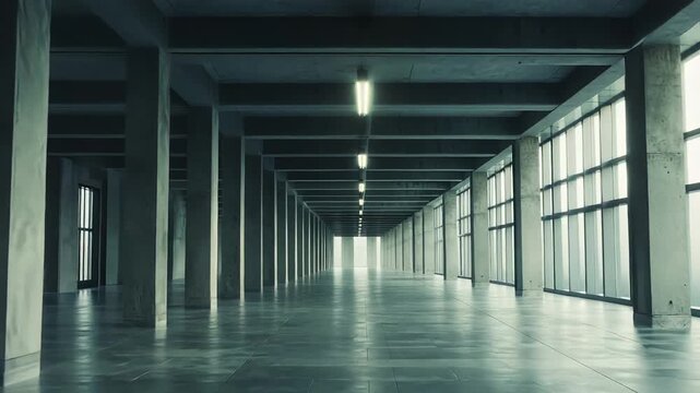 Long, empty concrete corridor with imposing pillars and windows, showcasing brutalist architecture and an eerie, minimalist aesthetic leading towards a bright entrance