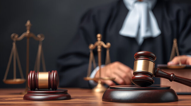 Justice system portrayal with gavel and judge symbolizing legal proceedings and fairness