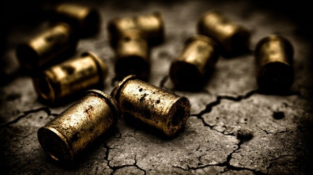 Tarnished bronze shrapnel fragments scattered across a cracked surface