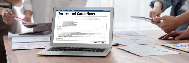 Digital legal contract provide terms and conditions document on computer screen ready for online...