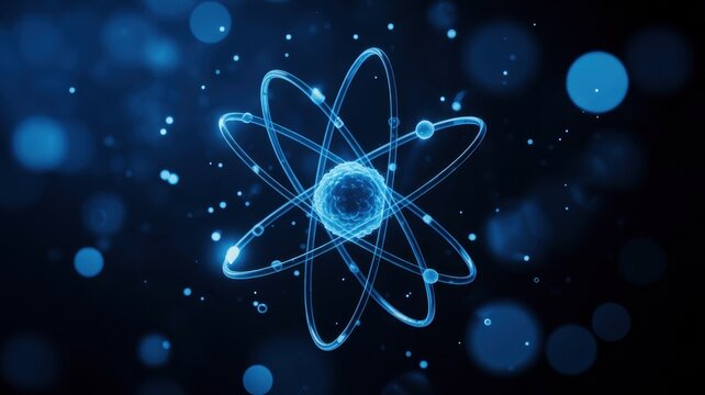Glowing Atom Structure &ndash; Science, Physics and Quantum Technology Concept