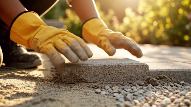 Hands in yellow gloves placing stone block
