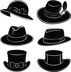 Set of classic vintage black hat silhouettes vector illustration